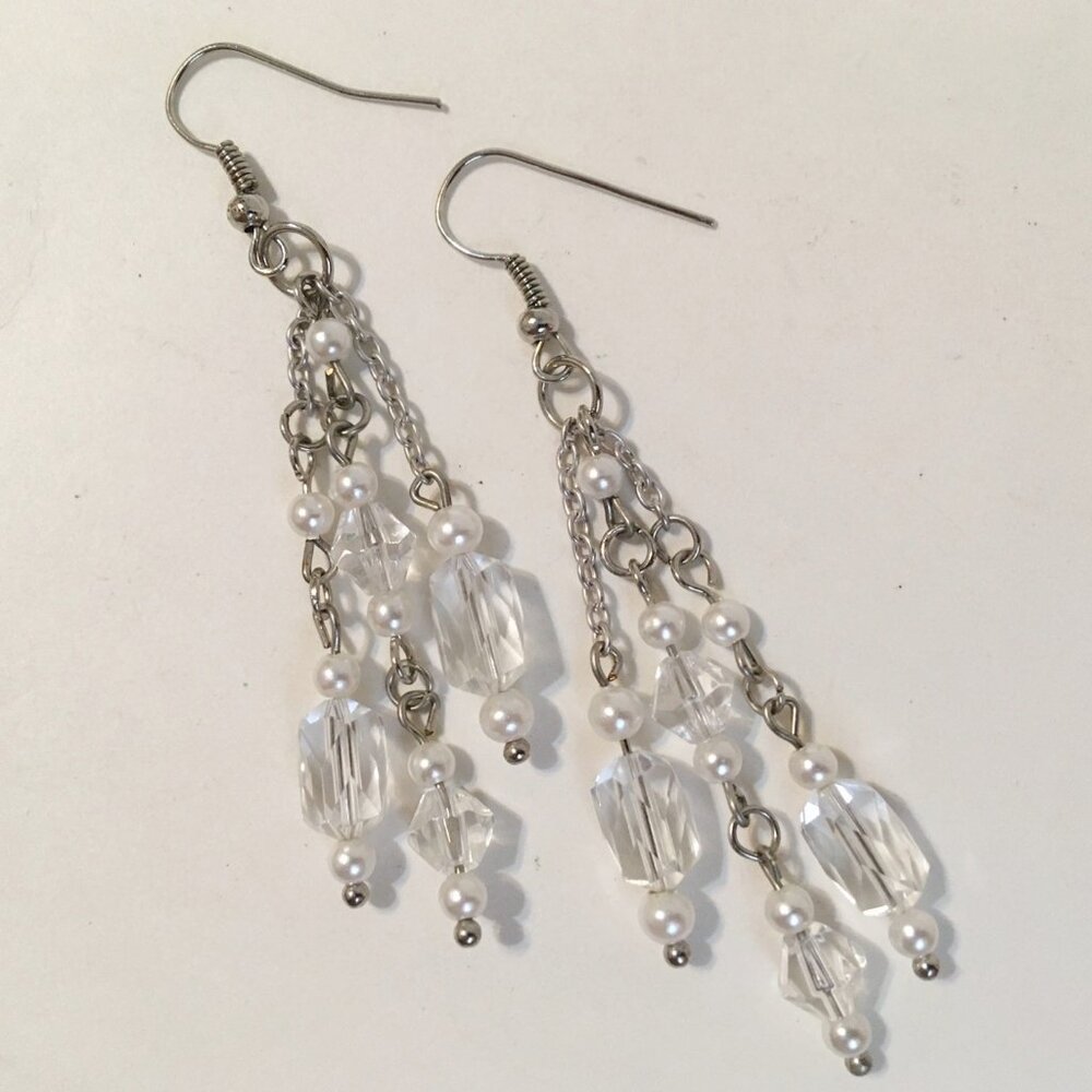 White Pearl Earrings Clear Crystal Beads Silver Tone Metal Chain Handcrafted New